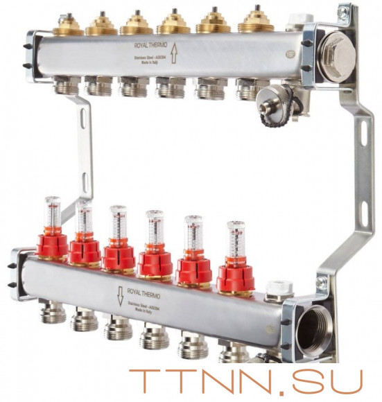 Для отопления Royal Thermo 1" ВР-3/4" НР, 2 выхода с расходомерами, нерж. (RTE 52.102) Для отопления Royal Thermo 1" ВР-3/4" НР, 2 выхода с расходомерами, нерж. (RTE 52.102)