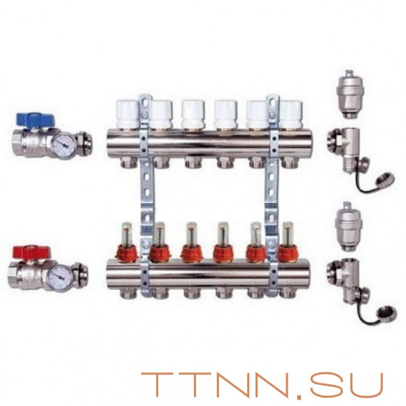 Коллекторная группа TIM 2 выхода KA002 с кранами и расходомерами латунь Коллекторная группа TIM 2 выхода KA002 с кранами и расходомерами латунь