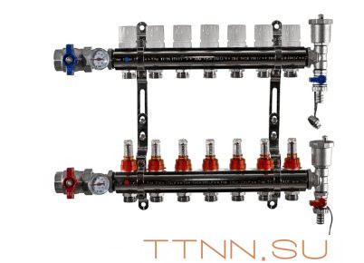 Коллекторная группа TIM 7 выходов KA007 с кранами и расходомерами латунь Коллекторная группа TIM 7 выходов KA007 с кранами и расходомерами латунь