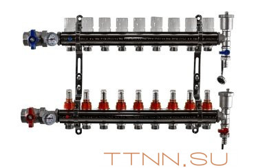 Коллекторная группа TIM 9 выходов KA009 с кранами и расходомерами латунь Коллекторная группа TIM 9 выходов KA009 с кранами и расходомерами латунь