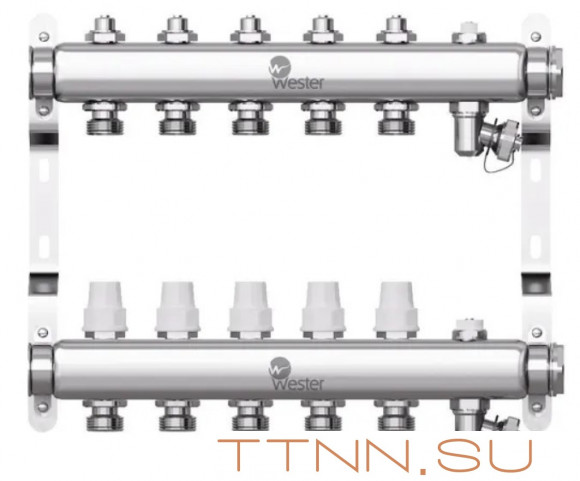 Коллектор нерж. для отопления Wester 1"-3/4 в сборе на 5 выходов с 2 заглушками Коллектор нерж. для отопления Wester 1"-3/4 в сборе на 5 выходов с 2 заглушками
