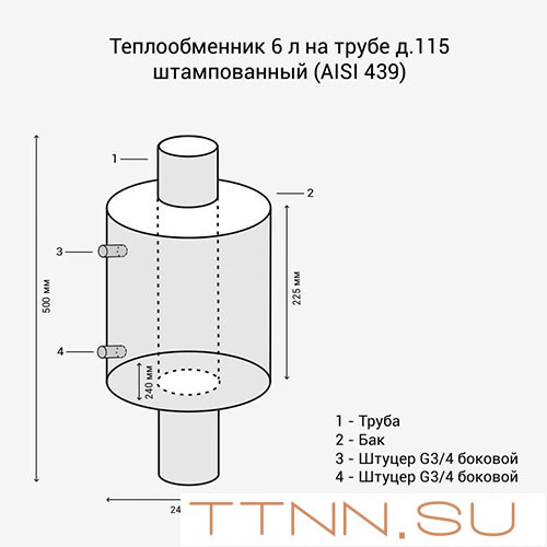 Теплообменник 6л на трубе д.115 штампованный (AISI 439) Теплообменник 6л на трубе д.115 штампованный (AISI 439)