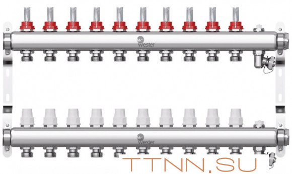 Коллектор для теплого пола Wester 1"-3/4 в сборе с расходомерами на 10 выходов Коллектор для теплого пола Wester 1"-3/4 в сборе с расходомерами на 10 выходов