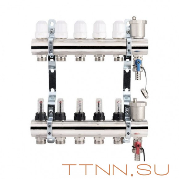 Коллекторная группа TIM KВ005 5 выходов без кранов без расходомеров латунь Коллекторная группа TIM KВ005 5 выходов без кранов без расходомеров латунь