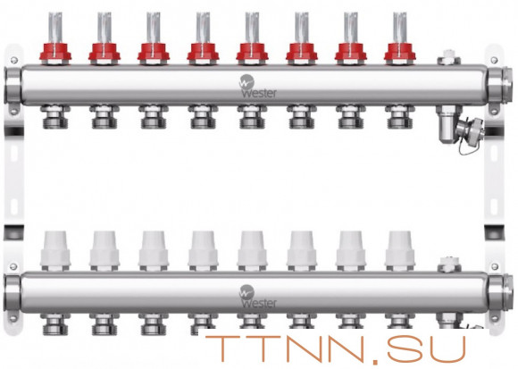 Коллектор для теплого пола Wester 1"-3/4 в сборе с расходомерами на 8 выходов Коллектор для теплого пола Wester 1"-3/4 в сборе с расходомерами на 8 выходов